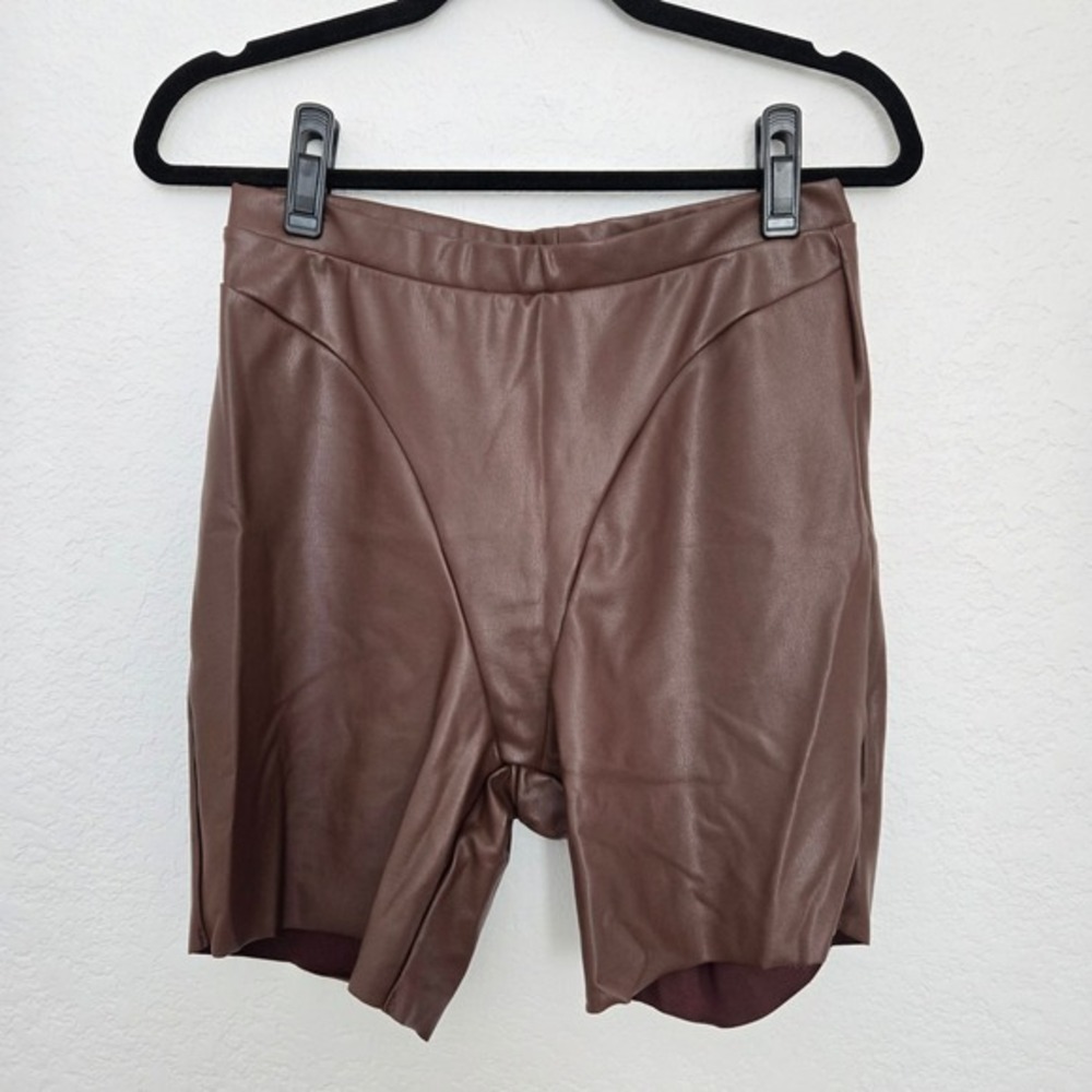 SKIMS‎ Large Faux Leather Bike Shorts Womens Large Brown High Waist Stretch